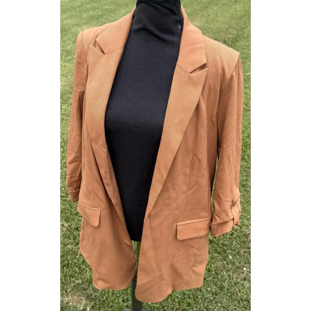 Skies Are Blue Blazer Womens L Brown Boyfriend Oversized Open Front Lined Jacket